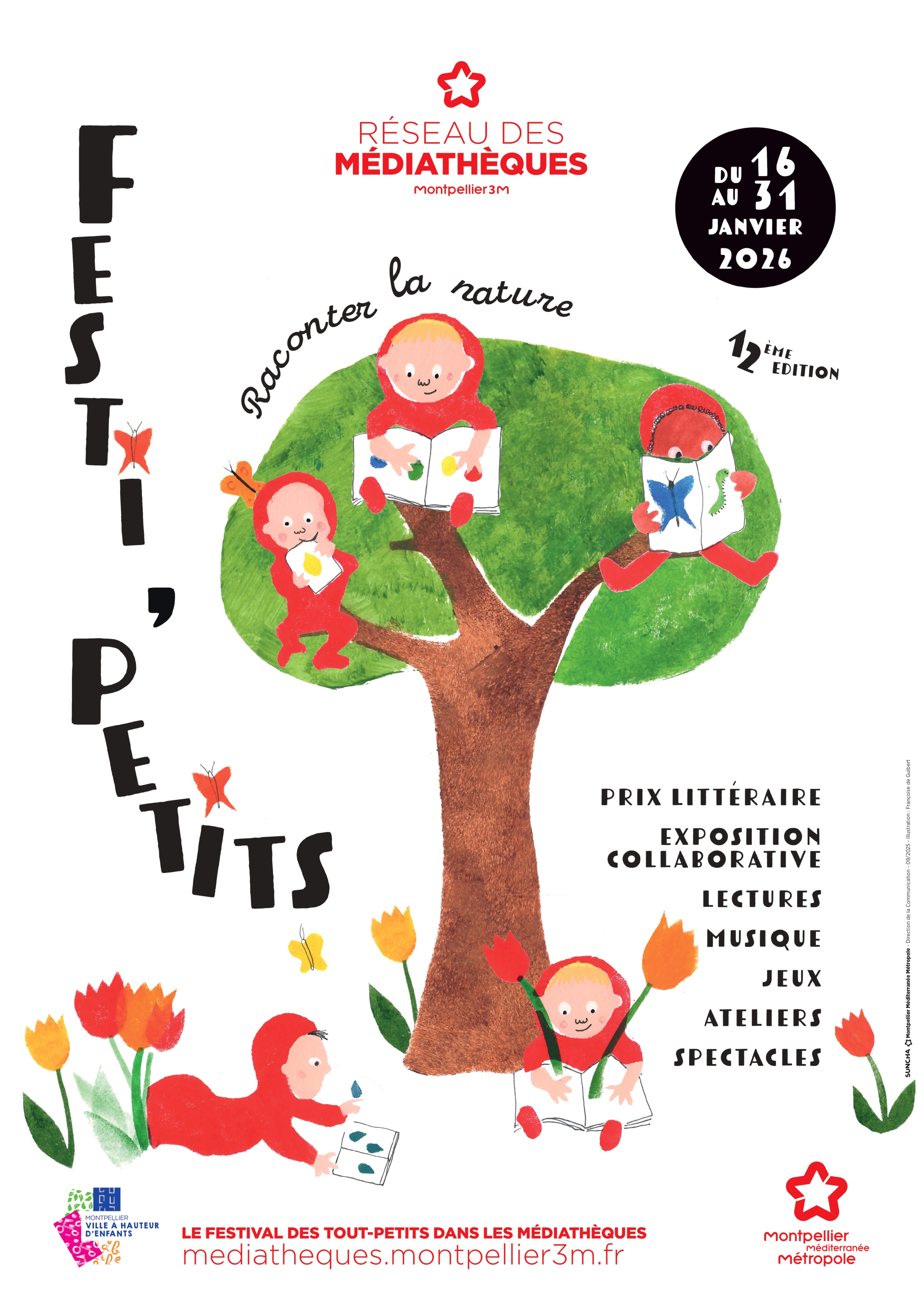 Affiche du festival avec des enfants qui lisent sur un arbre